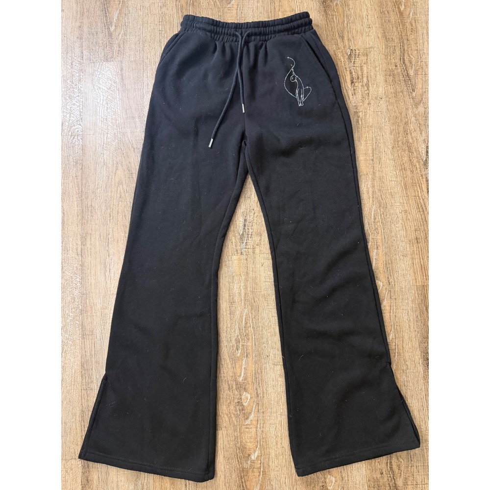Baby Phat Black Rhinestone Wide Leg Fleece Sweatpants Slit Hem Y2K Large
